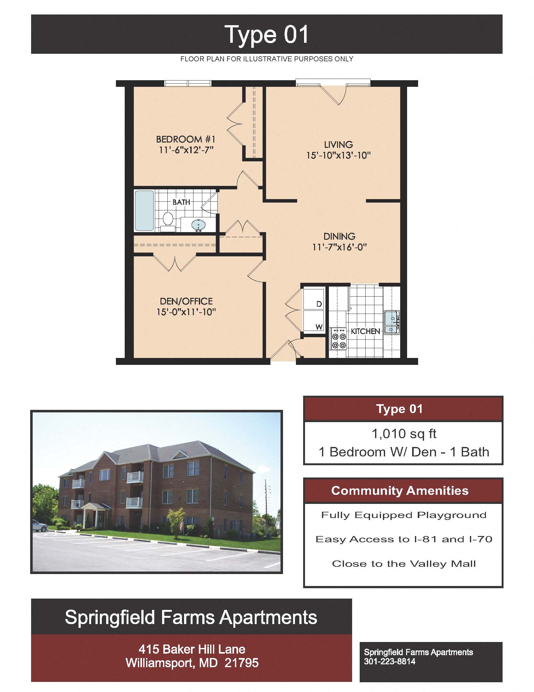 Floor plan for 1 bed, 1 bath, 1000 sqft